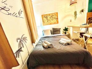 普罗旺斯地区萨隆*Tropical*Hyper centre *Fibre Wifi*Studio的一间卧室配有带3个枕头的床