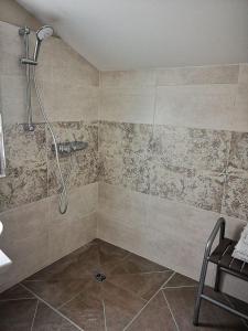 谢韦尔尼Le Petit Pavillon的一间带淋浴的浴室和瓷砖墙