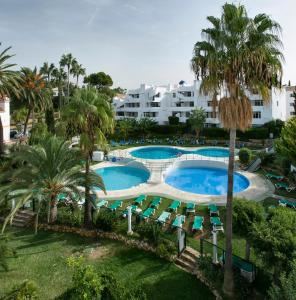 卡拉德米哈斯奥纳康帕纳里欧公寓式酒店的享有带椅子和棕榈树的度假村游泳池的空中景致