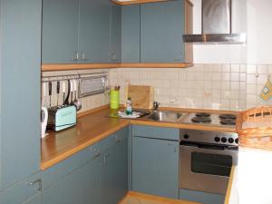岑平Apartment Achterwasser - ZEM100 by Interhome的厨房配有蓝色橱柜和水槽