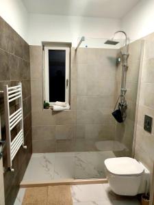 克拉约瓦Black&White Suites的带淋浴、卫生间和盥洗盆的浴室