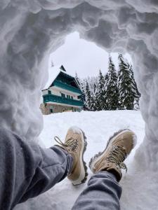 VitanjeApartma Bellevue Rogla的雪中一个有脚的人
