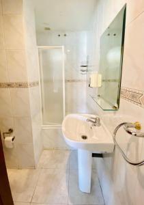 莱昂叟尔纳森特旅馆的白色的浴室设有水槽和淋浴。