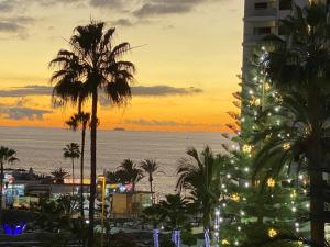 美洲海滩Beautiful apartment Las Américas Playa del Bobo的一座建筑和海洋前的圣诞树