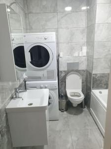 伊斯坦布尔中央公寓的浴室配有卫生间、盥洗盆和洗衣机。