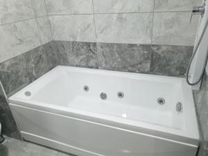伊斯坦布尔中央公寓的浴室设有白色浴缸,浴室设有瓷砖墙