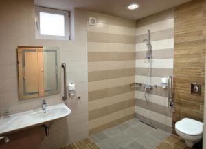 旧扎戈拉Green Hill Hotel的带淋浴、盥洗盆和卫生间的浴室