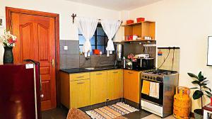 内罗毕Home and Away Cozy Studio Apartment number 407的厨房配有木制橱柜和炉灶烤箱。