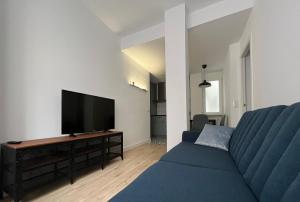 阿尔巴塞特MGG - Apartamento Muelle的客厅配有蓝色的沙发和平面电视。