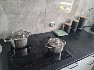 新苏尔Apartament Nova przy S3的厨房里两个炉子上的锅
