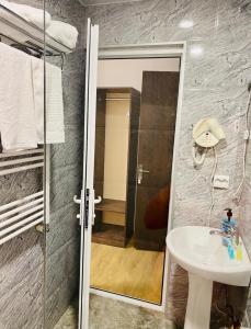 卡兹贝吉HOTEL KAZBEGI 1963的带淋浴、盥洗盆和镜子的浴室