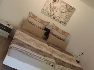 罗尔多夫Ferienwohnung Staudacher的一张带枕头的床和墙上的照片