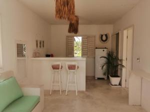 普雷亚La Mangrove - Casa com piscina na Praia do Preá的厨房以及带沙发和凳子的客厅。