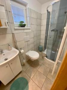 瓦尔卡Apartmán Zuzana的浴室配有卫生间、淋浴和盥洗盆。