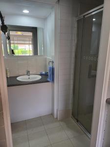 PeterboroughPeterborough Motel的一间带水槽和淋浴的浴室