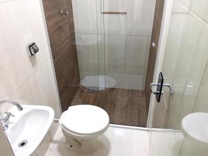 巴西利亚Hotel Premier的带淋浴、卫生间和盥洗盆的浴室