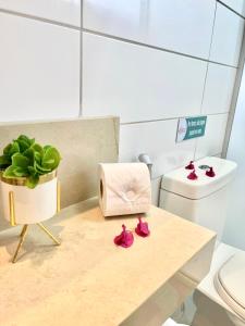 皮帕TRIPLEX PIPA com jacuzzi no Solar Água的浴室设有卫生间,桌子上配有粉红色的鞋子