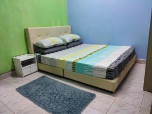 Rantau PanjangRiverview Homestay - Homestay Tepi Sungai Golok的一间卧室配有一张蓝色和绿色墙壁的床