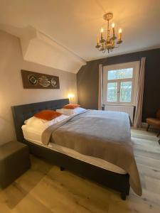 蒙绍Villa Burgau B&B的一间卧室配有一张大床和一个吊灯。