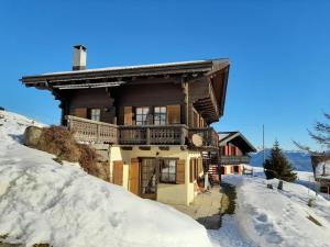 香普森Chalet à la montagne的雪地里的木屋,有雪覆盖的地面