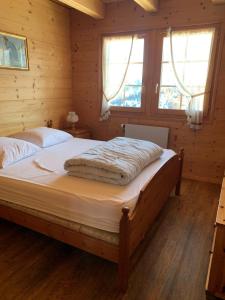 香普森Chalet à la montagne的一间卧室设有一张大床和两个窗户。