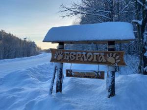 LumivaaraБаза отдыха Берлога的雪覆盖的标志坐在雪覆盖的道路上