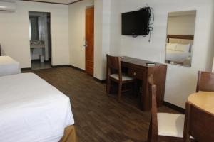 伊达尔戈德尔帕拉尔Hotel Adriana的酒店的客房配备了书桌、床和电视。