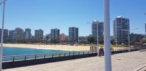 维纳德马Departamento nuevo con la mejor ubicación的享有海滩和码头的景色,码头上设有建筑