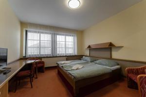 扎布热赫阿莫挫酒店的一间卧室配有一张床、一张书桌和一台电视