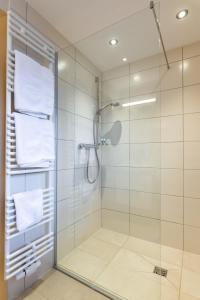 米斯巴赫波士旅馆的浴室设有玻璃淋浴间和白色毛巾