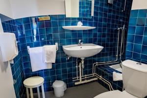 沙托鲁博伊查特斯涛特尔酒店的蓝色瓷砖浴室设有水槽和卫生间
