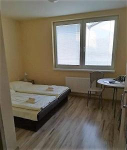 特伦钦温泉镇Orava- Justína的一间卧室配有一张床、一张桌子和一个窗户。