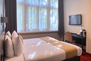 阿姆斯特丹Hotel Van Gogh的酒店客房配有一张床、一张书桌和一台电视。