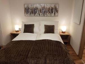 皮恩山口附近施皮塔尔Apartment Katharina的一间卧室配有一张大床和两盏灯