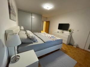 瓦拉日丁DIS apartment Varaždin的一间小卧室,配有一张床和电视