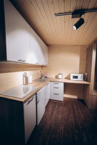 亚布卢尼齐亚Space Place的厨房铺有木地板,配有白色橱柜。