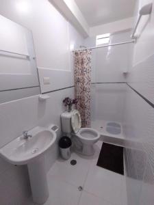 奥兰太坦波Qente Wings的白色的浴室设有卫生间和水槽。