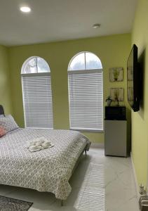 迈阿密Casa Miami 1的一间拥有绿色墙壁的卧室和一张带两个窗户的床