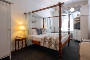 布伦海姆Hotel D'urville Blenheim的一间卧室设有四柱床和窗户。