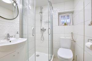 奥莱希尼察Apartament Niebieski的白色的浴室设有卫生间和水槽。