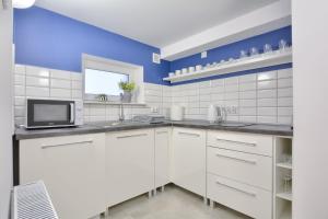 奥莱希尼察Apartament Niebieski的厨房配有白色橱柜和蓝色的墙壁