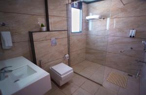 普塔帕蒂Sai Maa Hotel & Residency的带淋浴、卫生间和盥洗盆的浴室