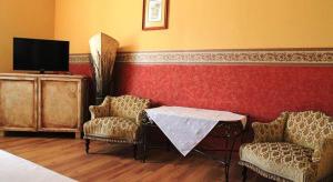 大梅杰尔普劳特库瑞亚酒店的一间配备有桌子和两把椅子及一台电视的房间