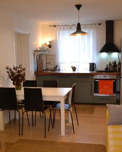 SinitsaSynytsVille的厨房以及带桌椅的用餐室。