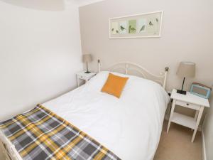 卡马森Carreg Cennen Cottage的卧室配有一张带铺着地毯的白色床