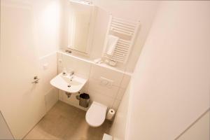 纽伦堡NEU: Zentral gelegene, stilvoll eingerichtete Zimmer mit eigener Teeküche的白色的浴室设有卫生间和水槽。