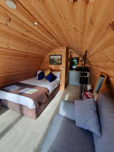 基拉尼Priory Glamping Pods and Guest accommodation的小木屋内一间卧室,配有一张床和一张沙发