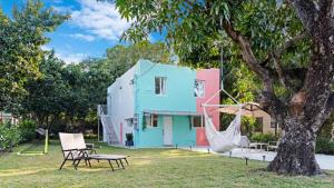 迈阿密Wynwood's Urban Oasis的粉红色的蓝色房子