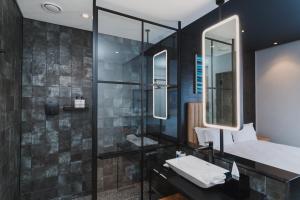 开普敦Century City Hotel Bridgewater的带淋浴、盥洗盆和镜子的浴室