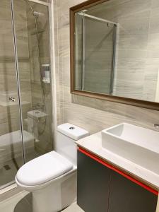 特木科Plaza Oz - Av Alemania的浴室配有卫生间、盥洗盆和淋浴。